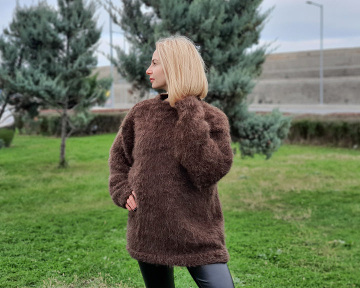 Hairy 100% Alpaca Sweater, Hand Knitted Soft Crewneck Pullover, Fluffy Warm Wool Jumper T957