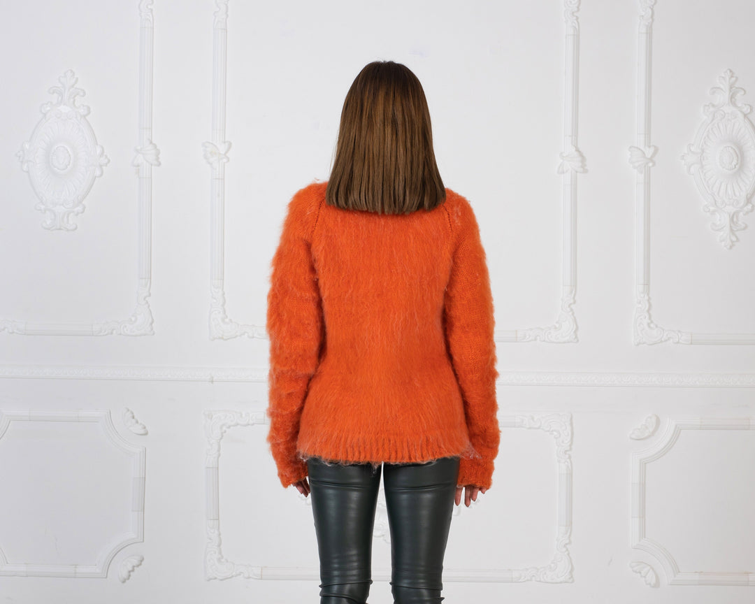 Merino Wool Sweater Women’s Turtleneck, Hand Knitted Extra Fine Italian Fluffy Pullover T986