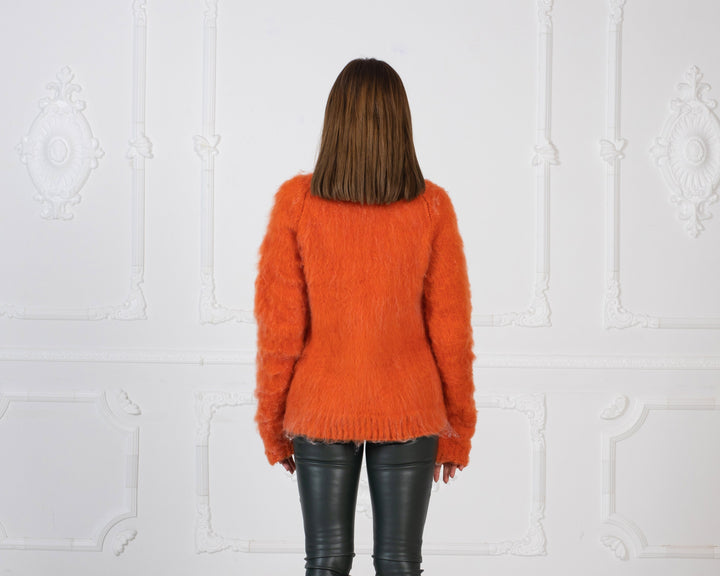 Merino Wool Sweater Women’s Turtleneck, Hand Knitted Extra Fine Italian Fluffy Pullover T986