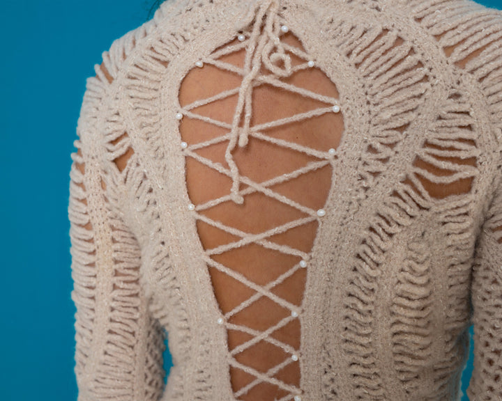 Mohair Crochet Blouse with Real Pearls – Handcrafted Bridal Bustier Top T996