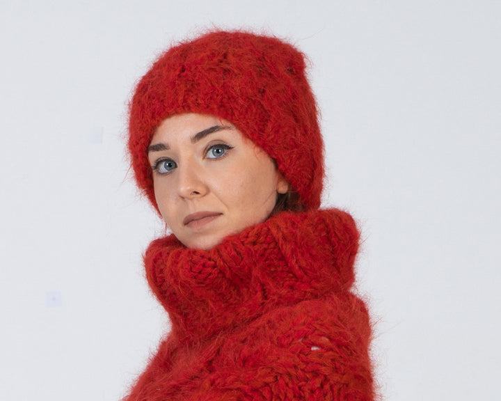 4 Strands Suri Alpaca Hat – Cable Knit Beanie, Extra Fluffy Slouchy Hat T1005