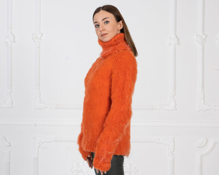 Merino Wool Sweater Women’s Turtleneck, Hand Knitted Extra Fine Italian Fluffy Pullover T986