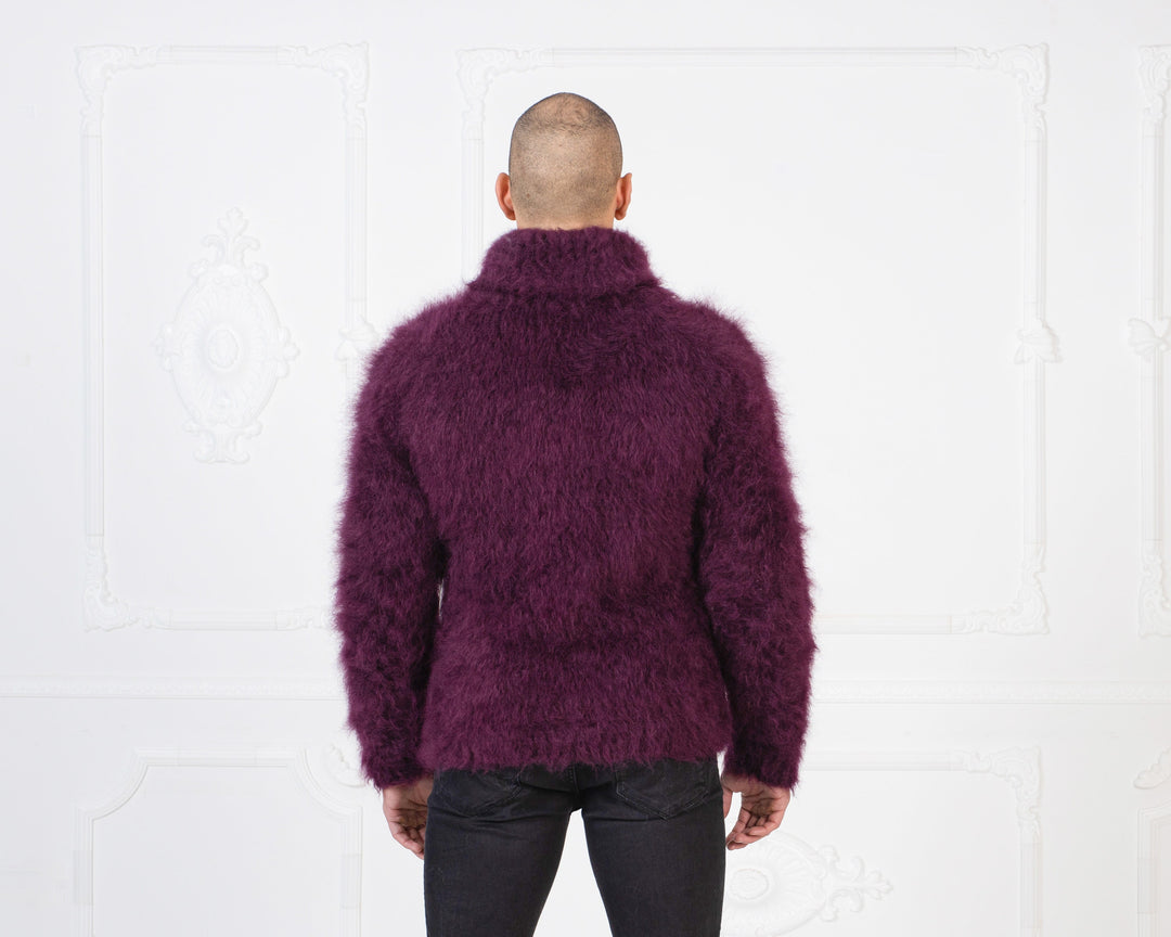 Hand Knit Suri Alpaca Sweater, Purple Fuzzy Wool Jumper T989W