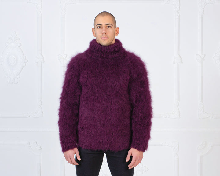 Long-Haired Suri Alpaca Sweater – Fluffy Llama Wool Hand-Knitted Pullover T989M