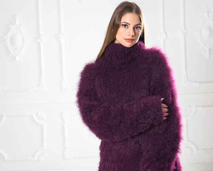 Hand Knit Suri Alpaca Sweater, Purple Fuzzy Wool Jumper T989W