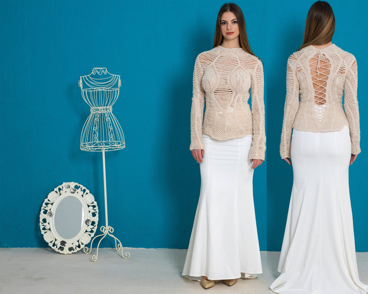 Mohair Crochet Blouse with Real Pearls – Handcrafted Bridal Bustier Top T996