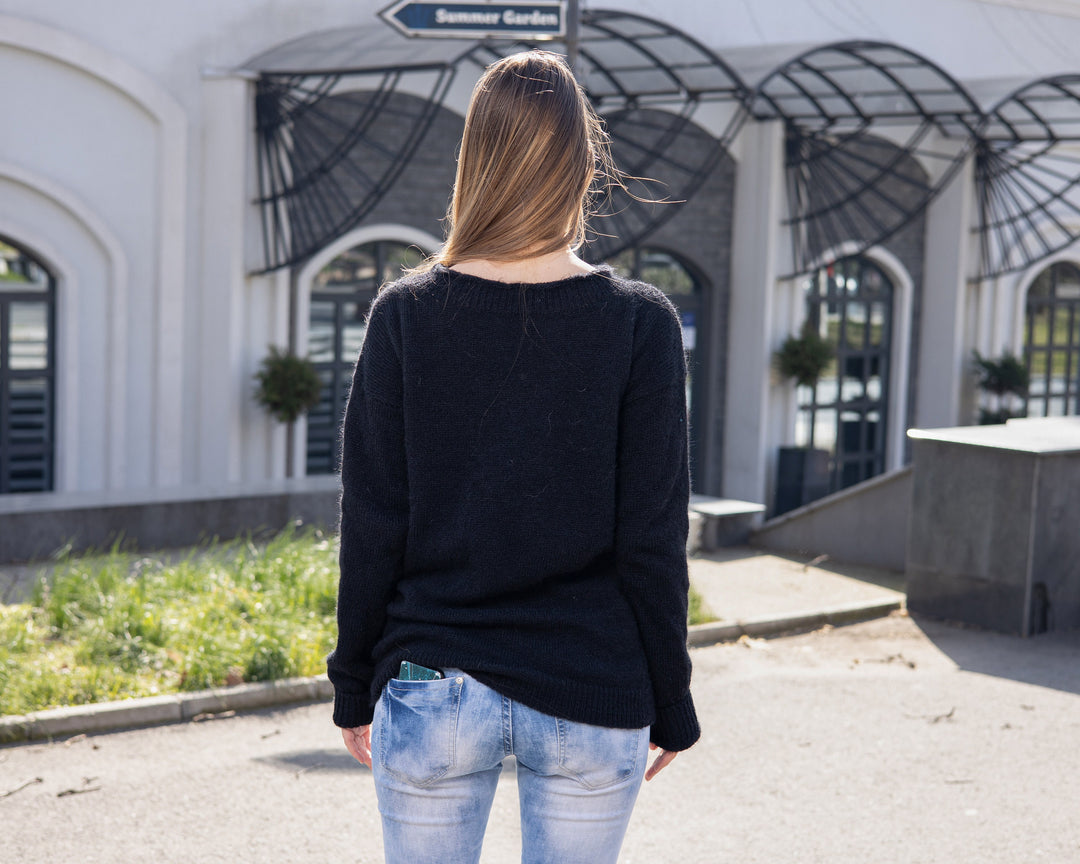 Hand Knitted Alpaca Merino Wool Sweater, Fluffy Black Jumper