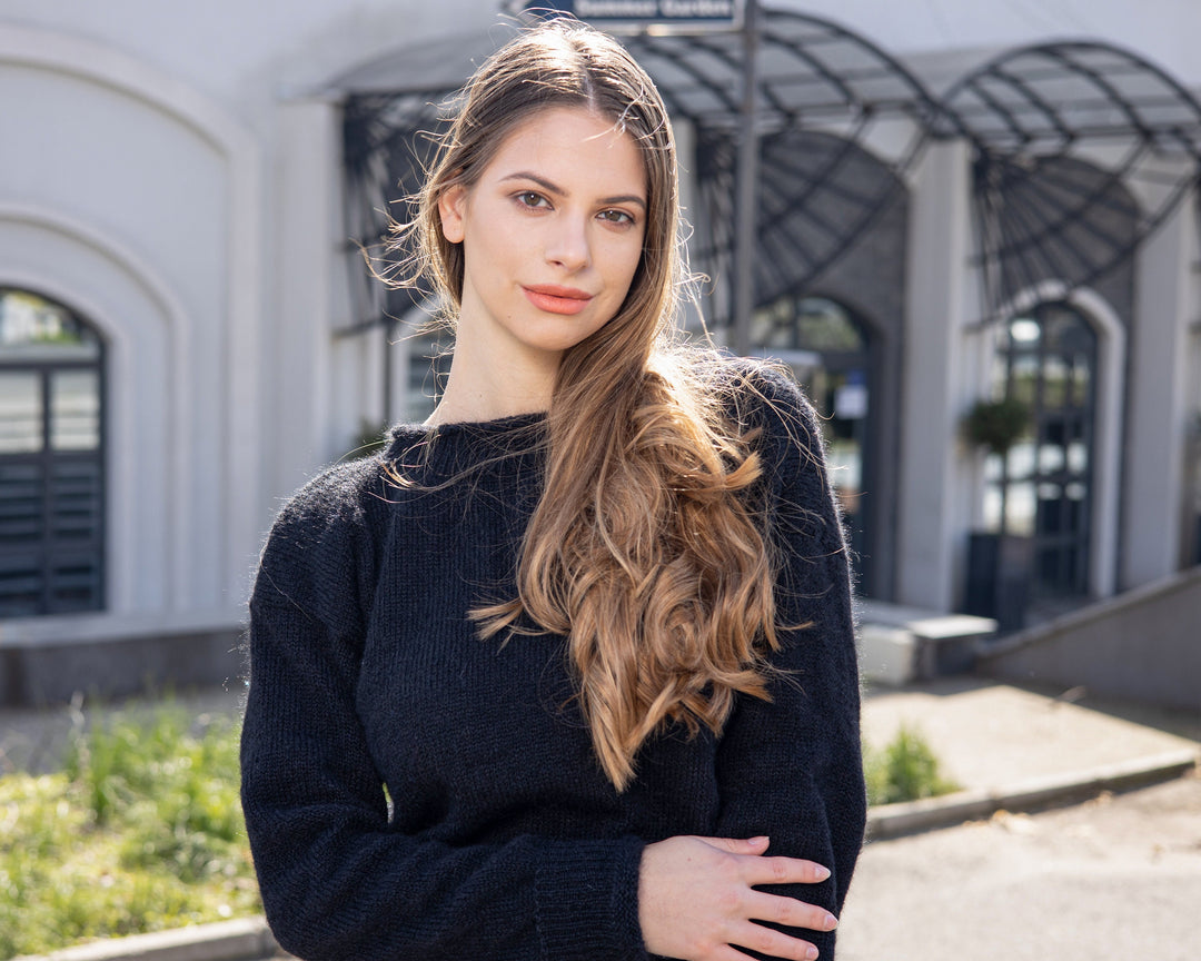 Hand Knitted Alpaca Merino Wool Sweater, Fluffy Black Jumper