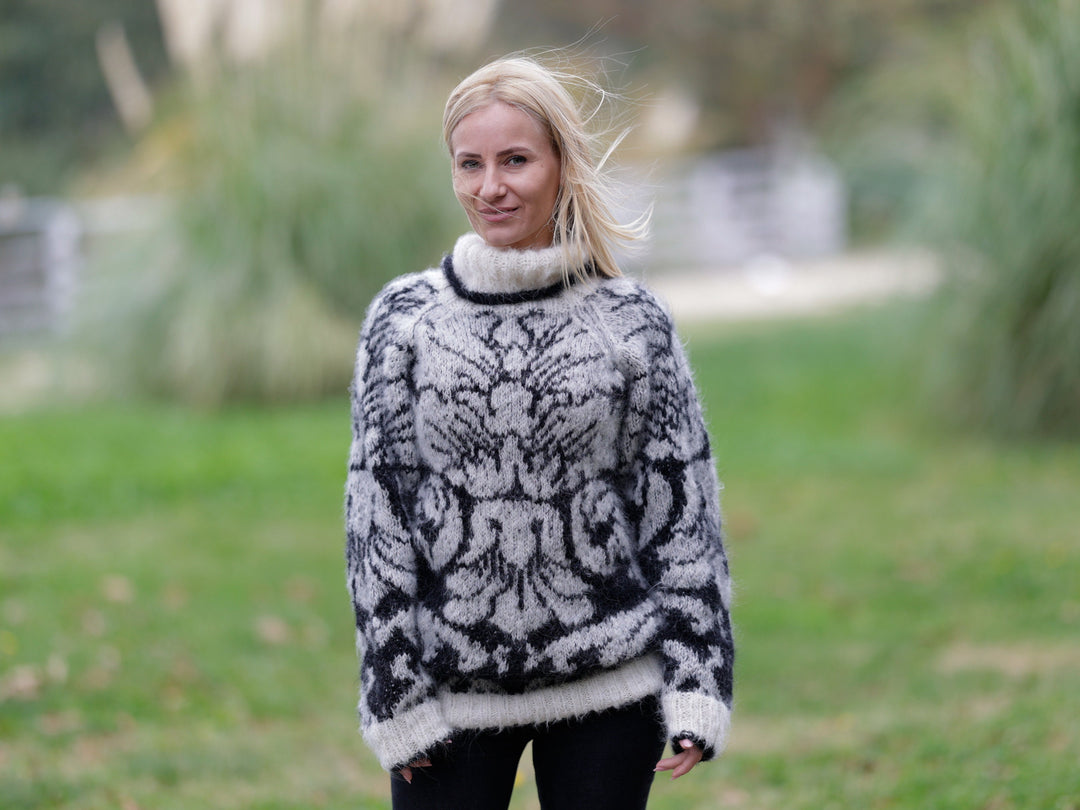Hand Knitted Suri Alpaca Sweater, Floral Llama Wool Jumper T1117