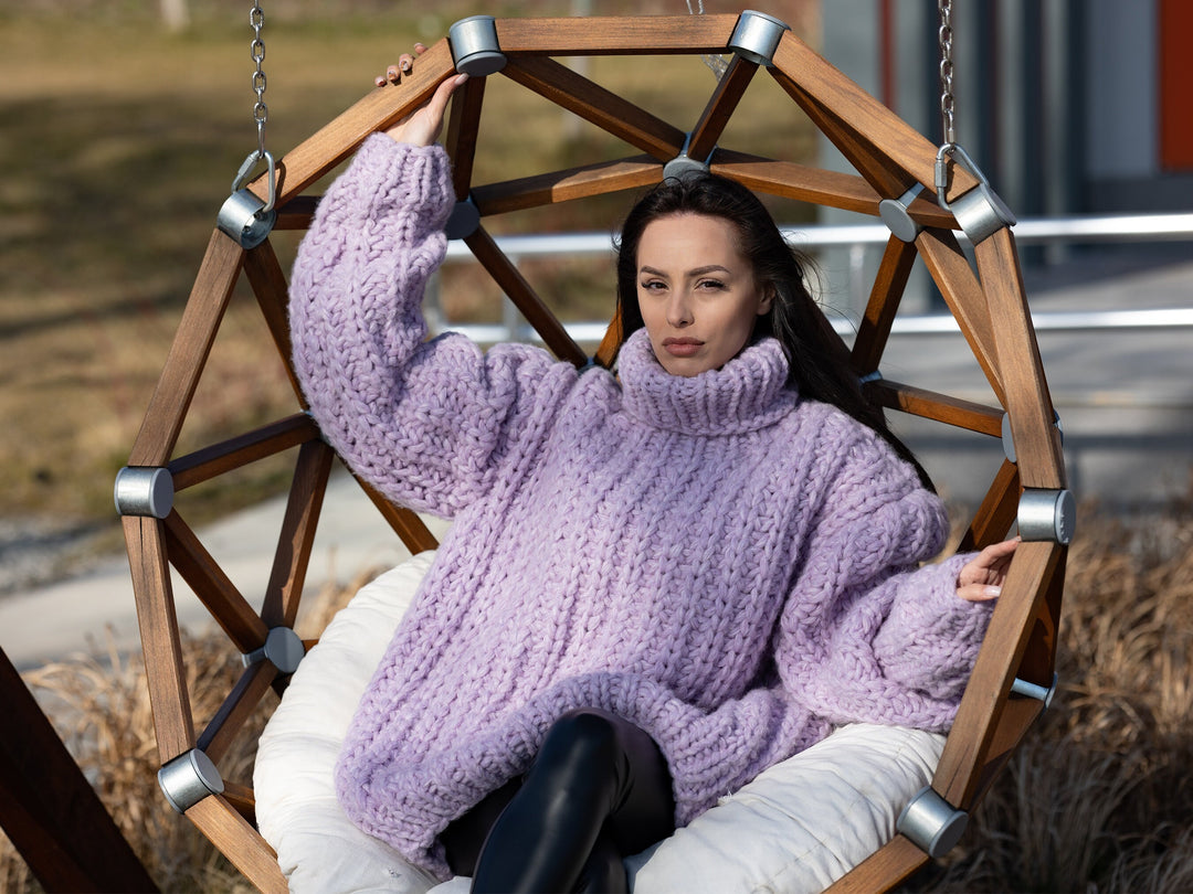 Hand Knit Baby Alpaca Mohair Sweater, Chunky Purple Jumper T1182