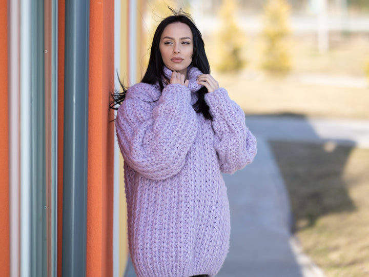 Hand Knit Baby Alpaca Mohair Sweater, Chunky Purple Jumper T1182