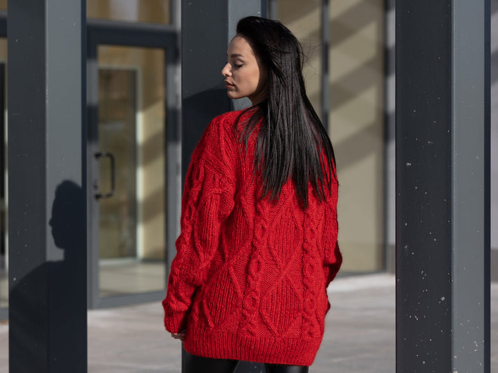 10-Strand Baby Alpaca Sweater, Hand Knitted Extra Soft Chunky Cable Knit Pullover T1185
