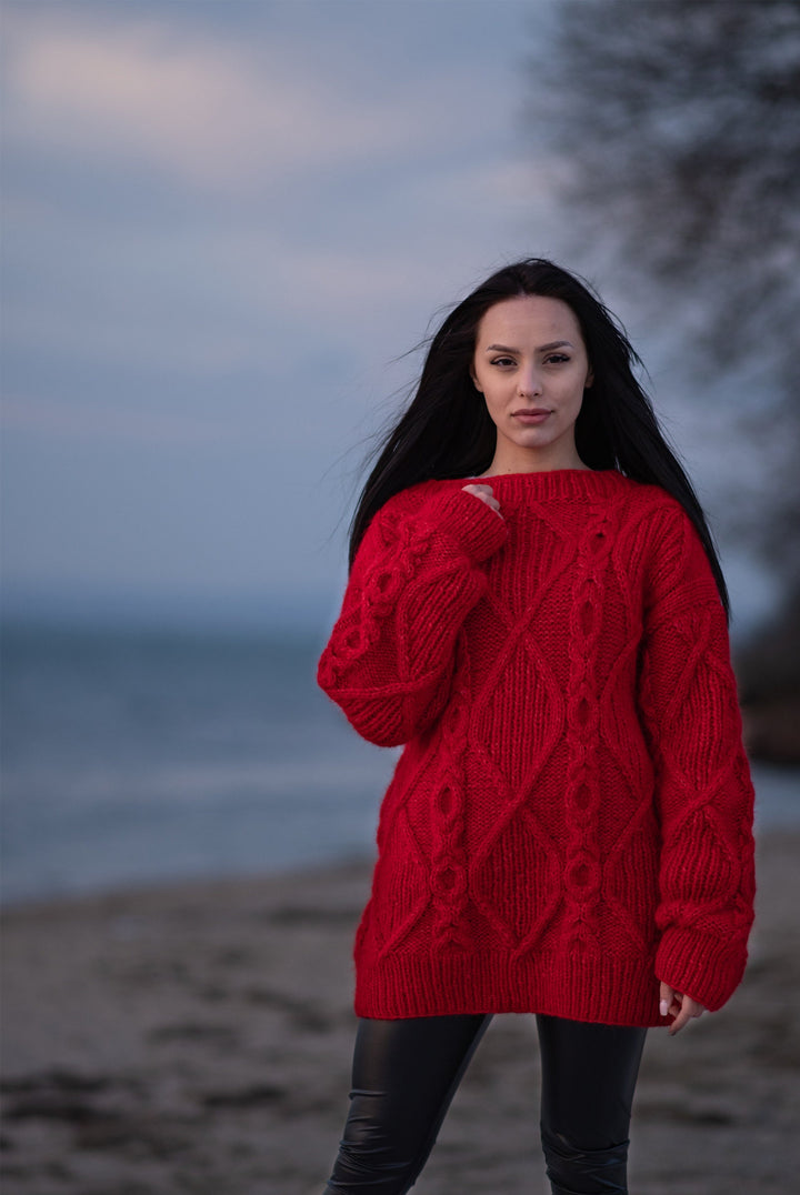 10-Strand Baby Alpaca Sweater, Hand Knitted Extra Soft Chunky Cable Knit Pullover T1185