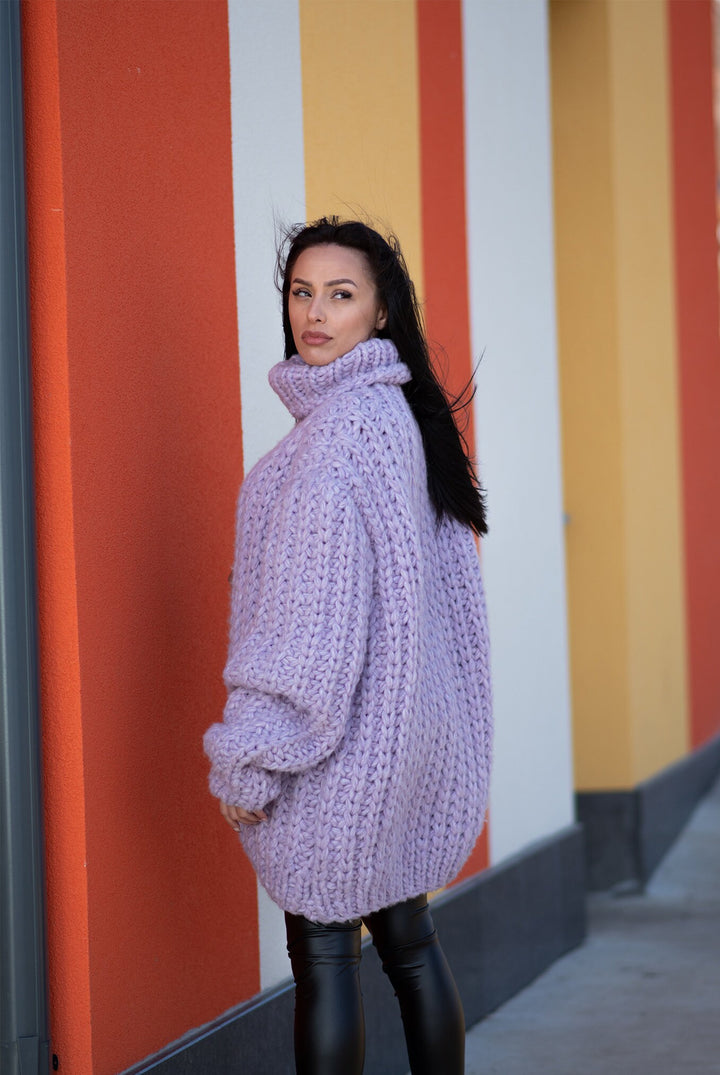 Hand Knit Baby Alpaca Mohair Sweater, Chunky Purple Jumper T1182