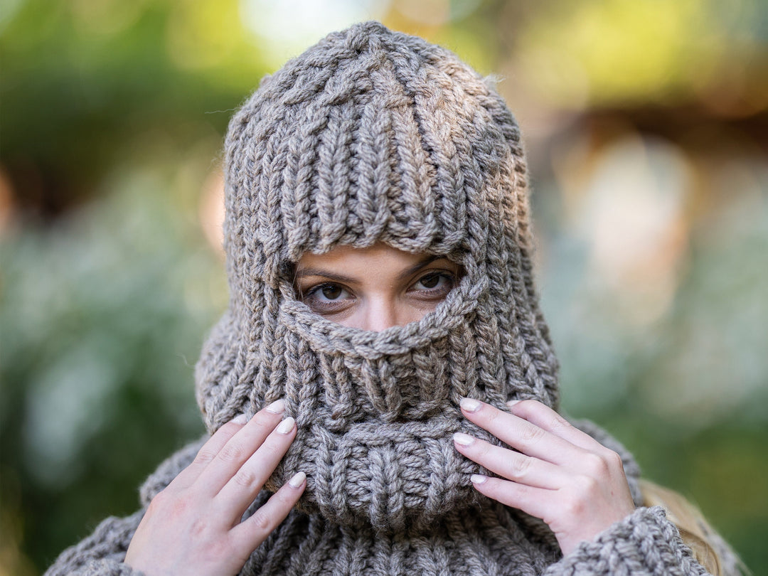 Brown Raw Wool Balaclava – Chunky Hand Knitted Itchy Wool Hood T1195