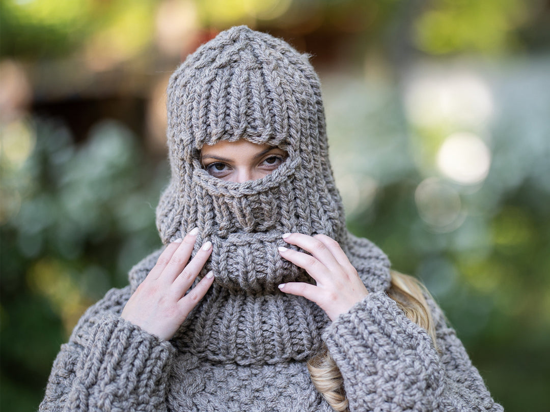 Brown Raw Wool Balaclava – Chunky Hand Knitted Itchy Wool Hood T1195
