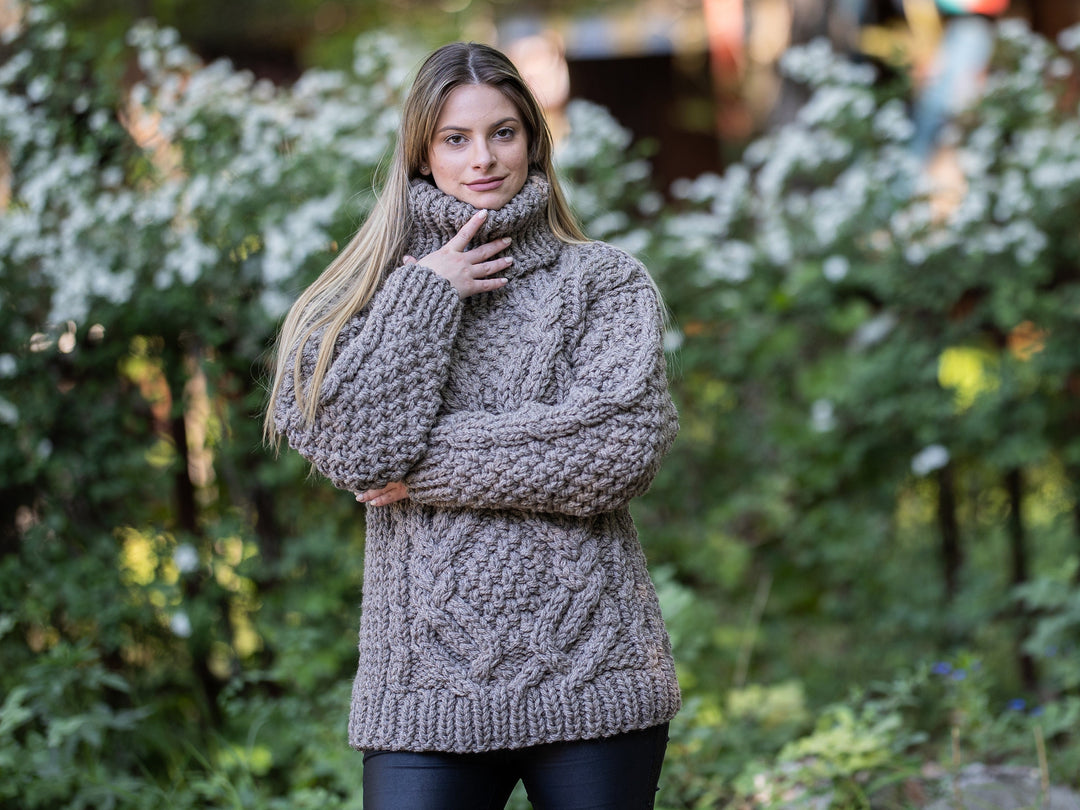 Cable Knit Wool Sweater – Hand-Knitted Cozy Winter Pullover in Raw Itchy Brown Wool T1197