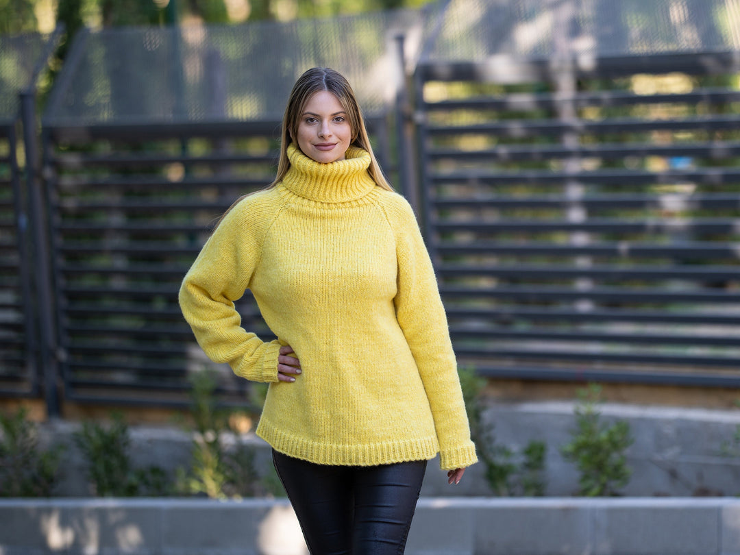 Yellow Baby Alpaca and merino mix yarn sweater,  Extra soft  hand knitted jumper  T1217