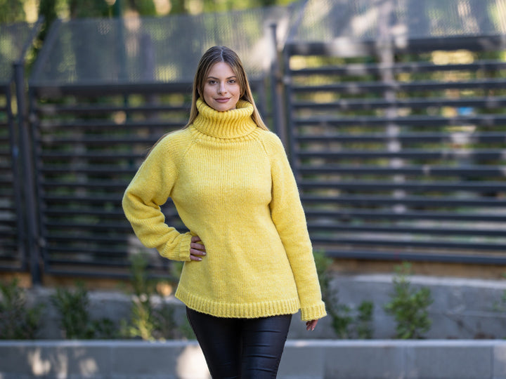 Yellow Baby Alpaca and merino mix yarn sweater,  Extra soft  hand knitted jumper  T1217