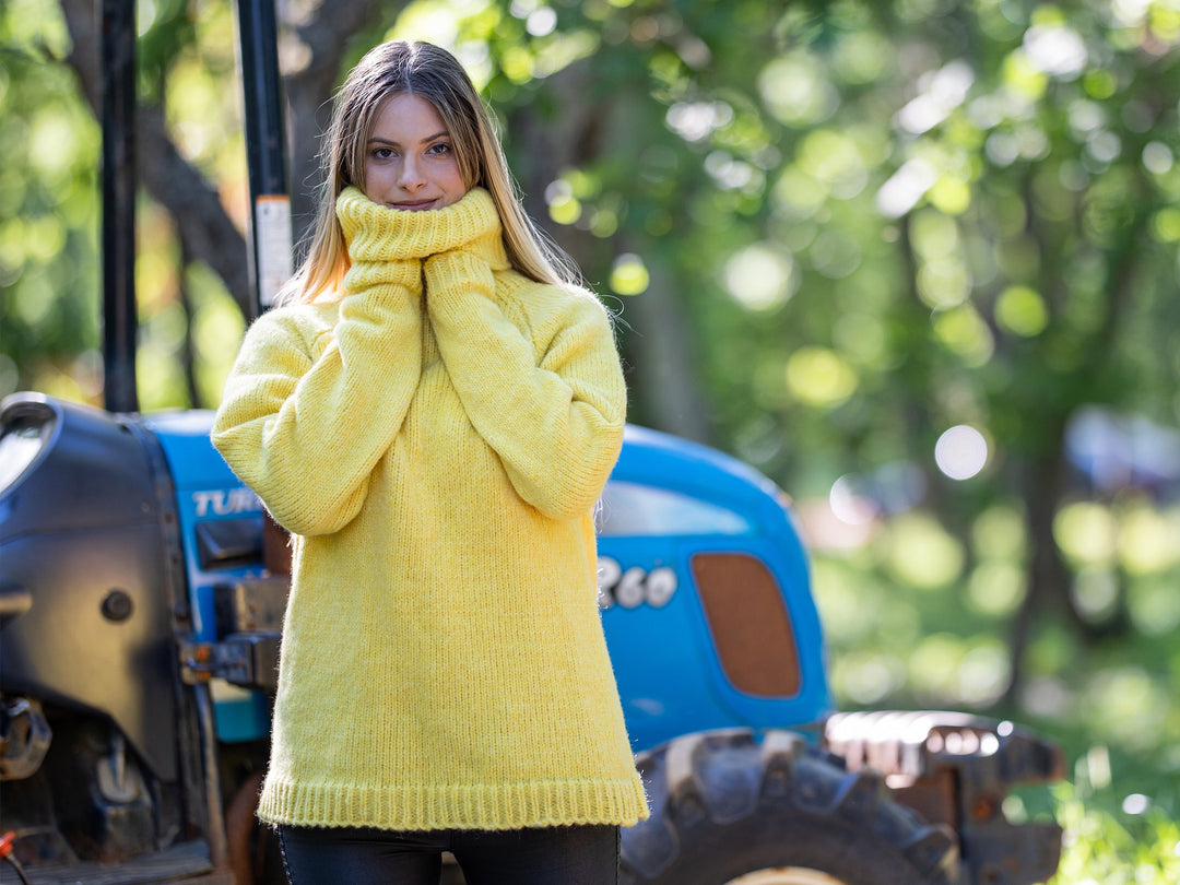 One available in size XL, Yellow Baby Alpaca and merino mix yarn sweater T1217
