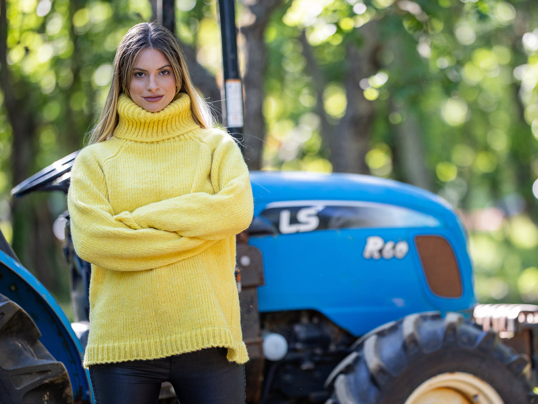 Yellow Baby Alpaca and merino mix yarn sweater,  Extra soft  hand knitted jumper  T1217