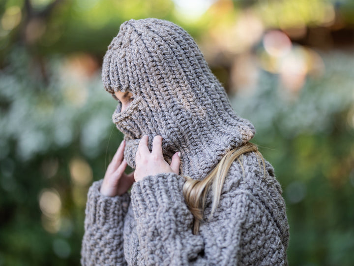 Brown Raw Wool Balaclava – Chunky Hand Knitted Itchy Wool Hood T1195