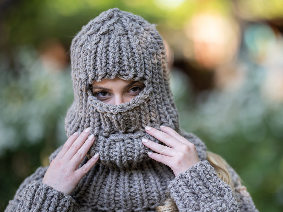 Brown Raw Wool Balaclava – Chunky Hand Knitted Itchy Wool Hood T1195