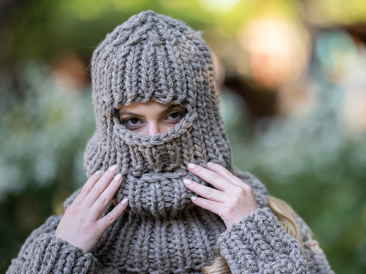 Brown Raw Wool Balaclava – Chunky Hand Knitted Itchy Wool Hood T1195