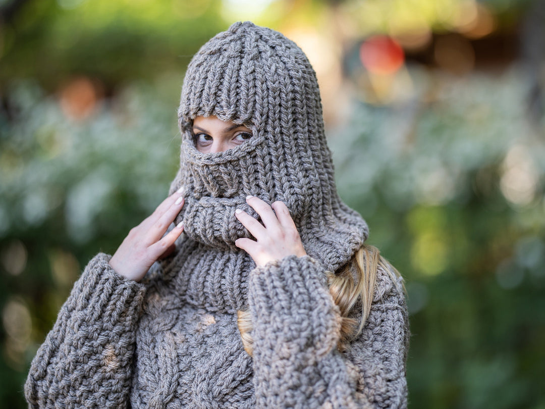 Brown Raw Wool Balaclava – Chunky Hand Knitted Itchy Wool Hood T1195