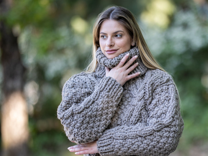 Cable Knit Wool Sweater – Hand-Knitted Cozy Winter Pullover in Raw Itchy Brown Wool T1197