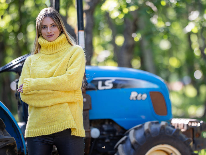 Yellow Baby Alpaca and merino mix yarn sweater,  Extra soft  hand knitted jumper  T1217