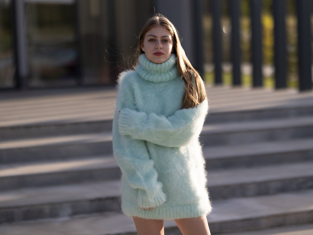 Mint Green Italian Kid Mohair Sweater, Hand Knitted 4 Strand Fluffy Warm Pullover T1255