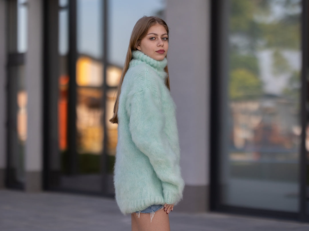 Mint Green Italian Kid Mohair Sweater, Hand Knitted 4 Strand Fluffy Warm Pullover T1255