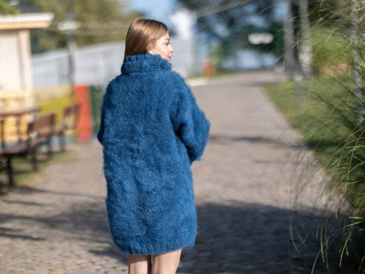 Hand Knitted Italian Kid Mohair Sweater in Blue, 4 Strand Fluffy Soft Jumper T1257