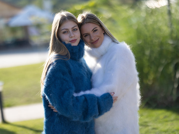 Hand Knitted Italian Kid Mohair Sweater in Blue, 4 Strand Fluffy Soft Jumper T1257