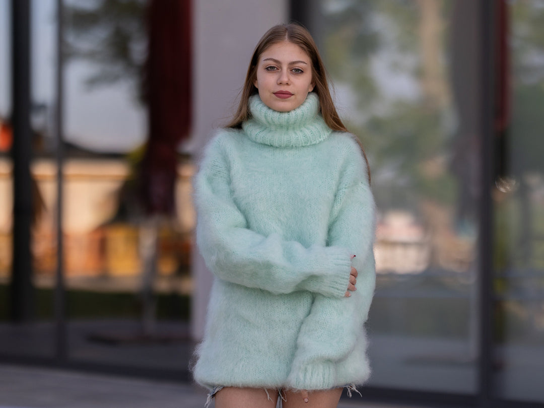 Mint Green Italian Kid Mohair Sweater, Hand Knitted 4 Strand Fluffy Warm Pullover T1255