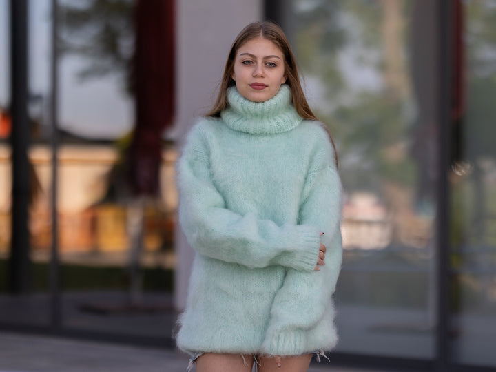 Mint Green Italian Kid Mohair Sweater, Hand Knitted 4 Strand Fluffy Warm Pullover T1255
