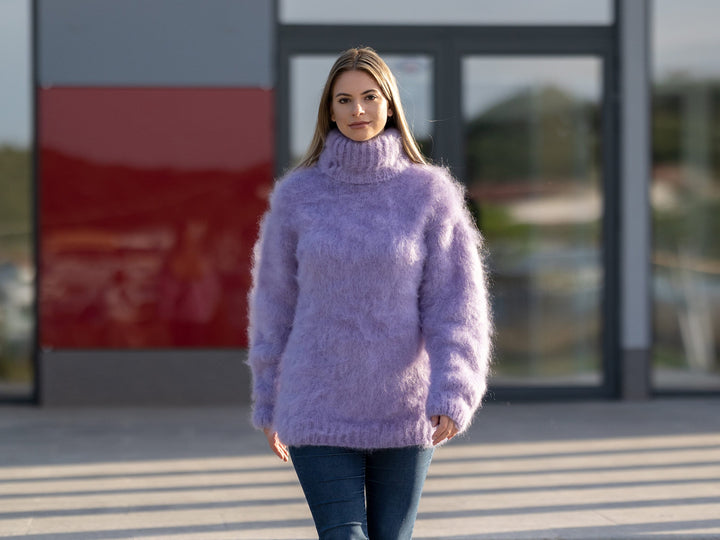 Hand Knitted Italian Kid Mohair Sweater in Purple, 4 Strand Fluffy Soft Jumper T1256