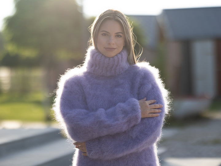 Hand Knitted Italian Kid Mohair Sweater in Purple, 4 Strand Fluffy Soft Jumper T1256