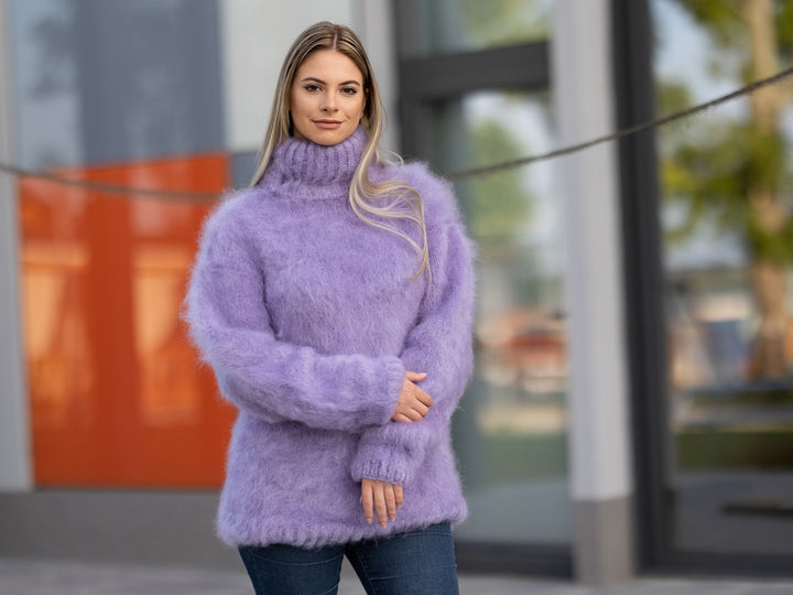 Hand Knitted Italian Kid Mohair Sweater in Purple, 4 Strand Fluffy Soft Jumper T1256
