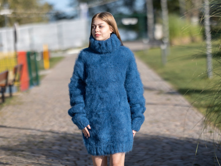 Hand Knitted Italian Kid Mohair Sweater in Blue, 4 Strand Fluffy Soft Jumper T1257