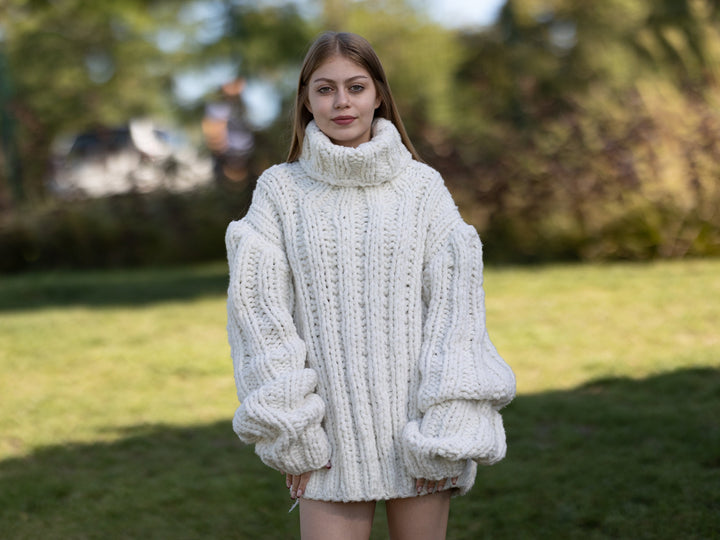White Bio Cotton Sweater, Hand Knitted Organic Cotton Pullover T1260