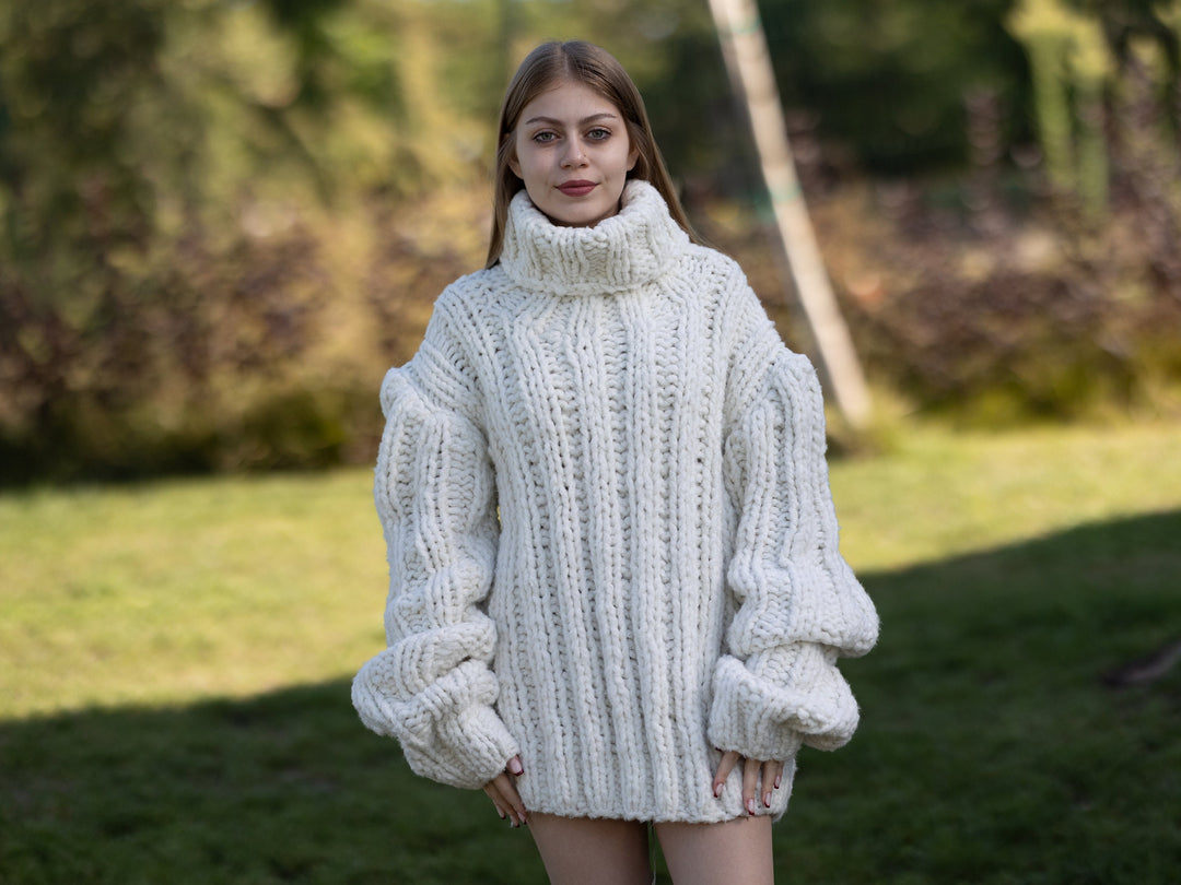 White Bio Cotton Sweater, Hand Knitted Organic Cotton Pullover T1260