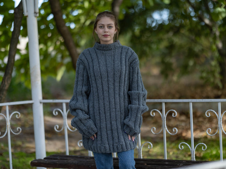 12-Strand Yak Wool Sweater, Hand Knitted Ribbed Chunky Soft Warm Jumper T1285
