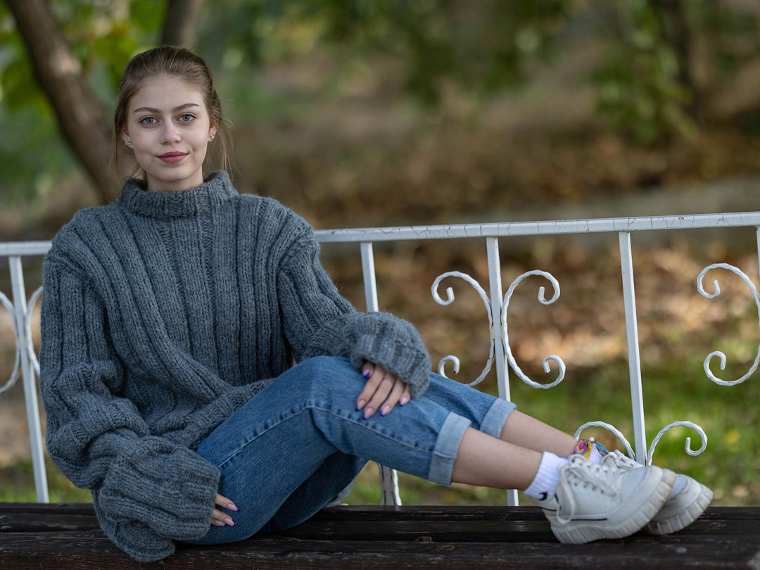 12-Strand Yak Wool Sweater, Hand Knitted Ribbed Chunky Soft Warm Jumper T1285