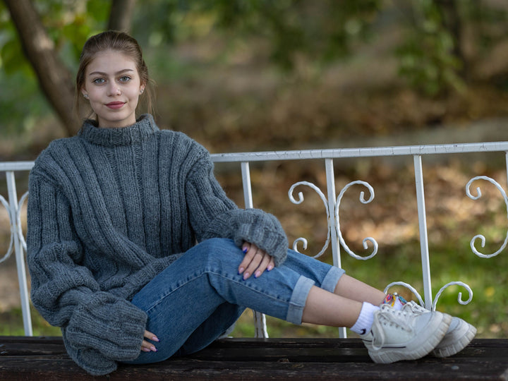 12-Strand Yak Wool Sweater, Hand Knitted Ribbed Chunky Soft Warm Jumper T1285