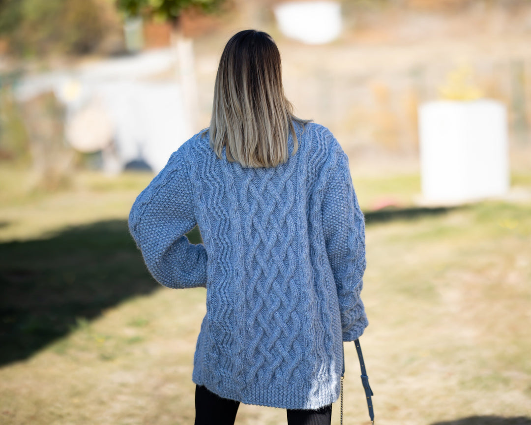 Baby Alpaca Cable Knit Sweater, Hand Knitted Super Soft Chunky Warm Pullover T1300