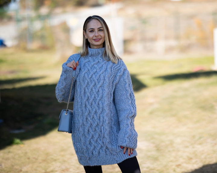 Baby Alpaca Cable Knit Sweater, Hand Knitted Super Soft Chunky Warm Pullover T1300