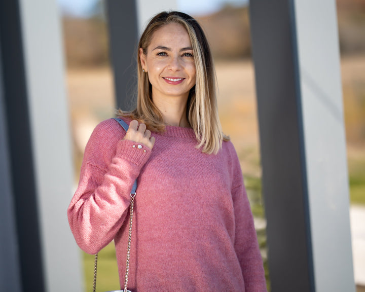 Pink Alpaca Merino Wool Sweater, Hand-Knitted Lightweight Pullover T1310