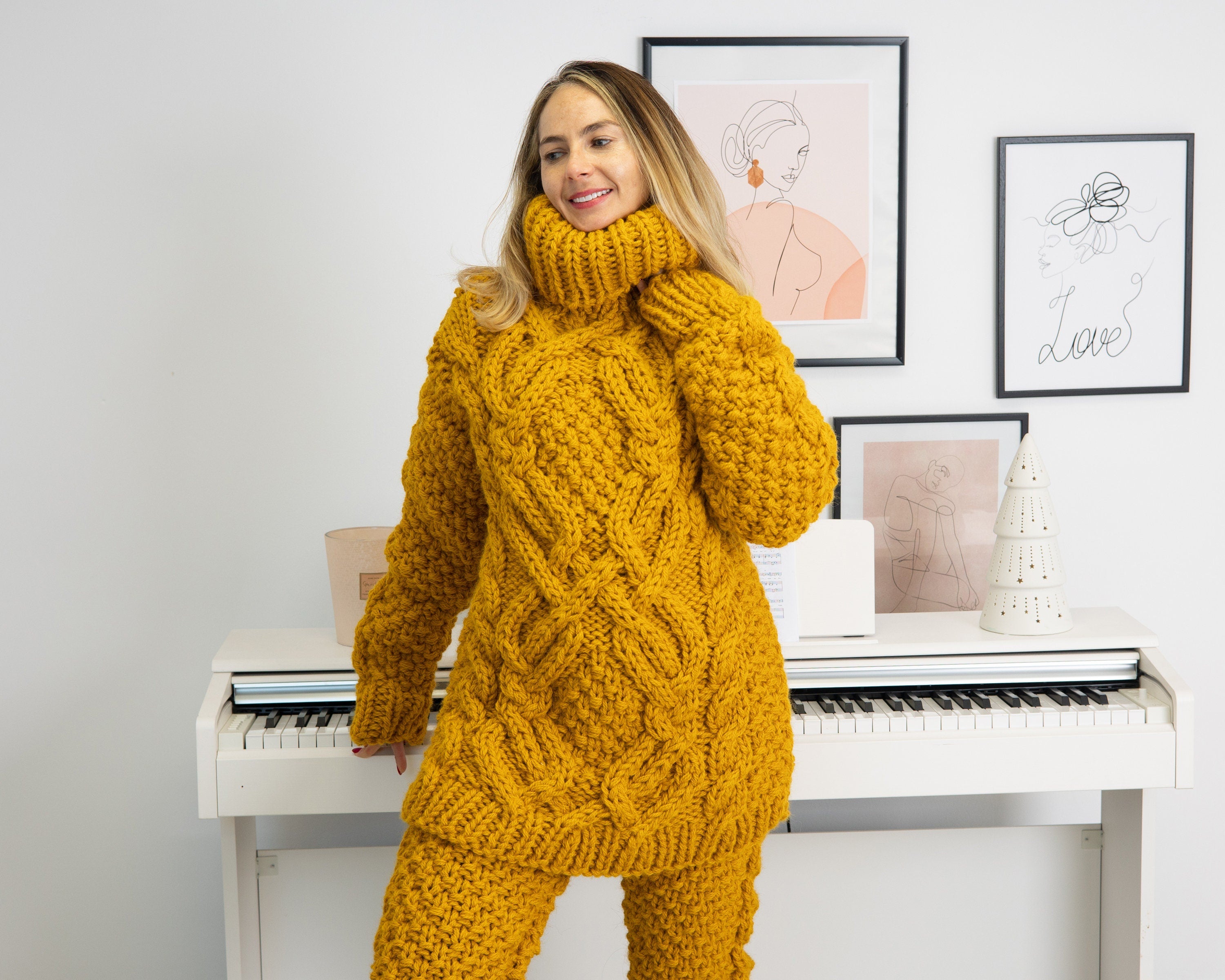 Tiffy Mohair Yellow Raw Wool Cable Turtleneck T1313